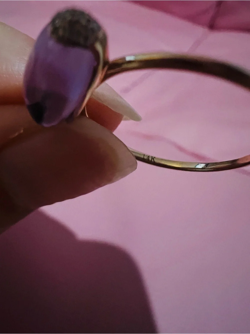 Vintage 14K Rose Gold Amethyst Cabochon Ring | Diamond Accents | Size 6.75